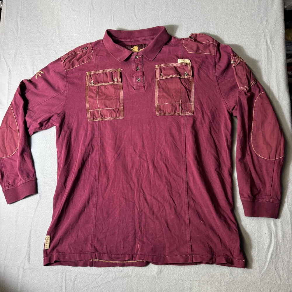 Coogi Mens XXL Burgundy Long Sleeve Tactical Polo Shirt Utility Pockets Maroon